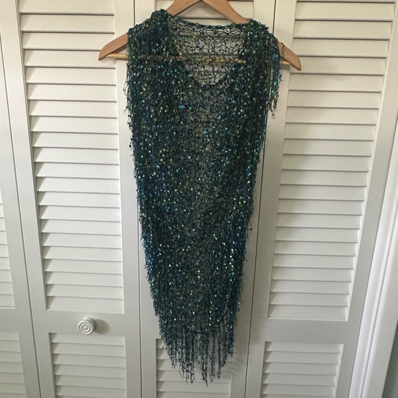 Intricately woven hand made cover up/scarf in cool colors - greens blues purples - Picture 3 of 7